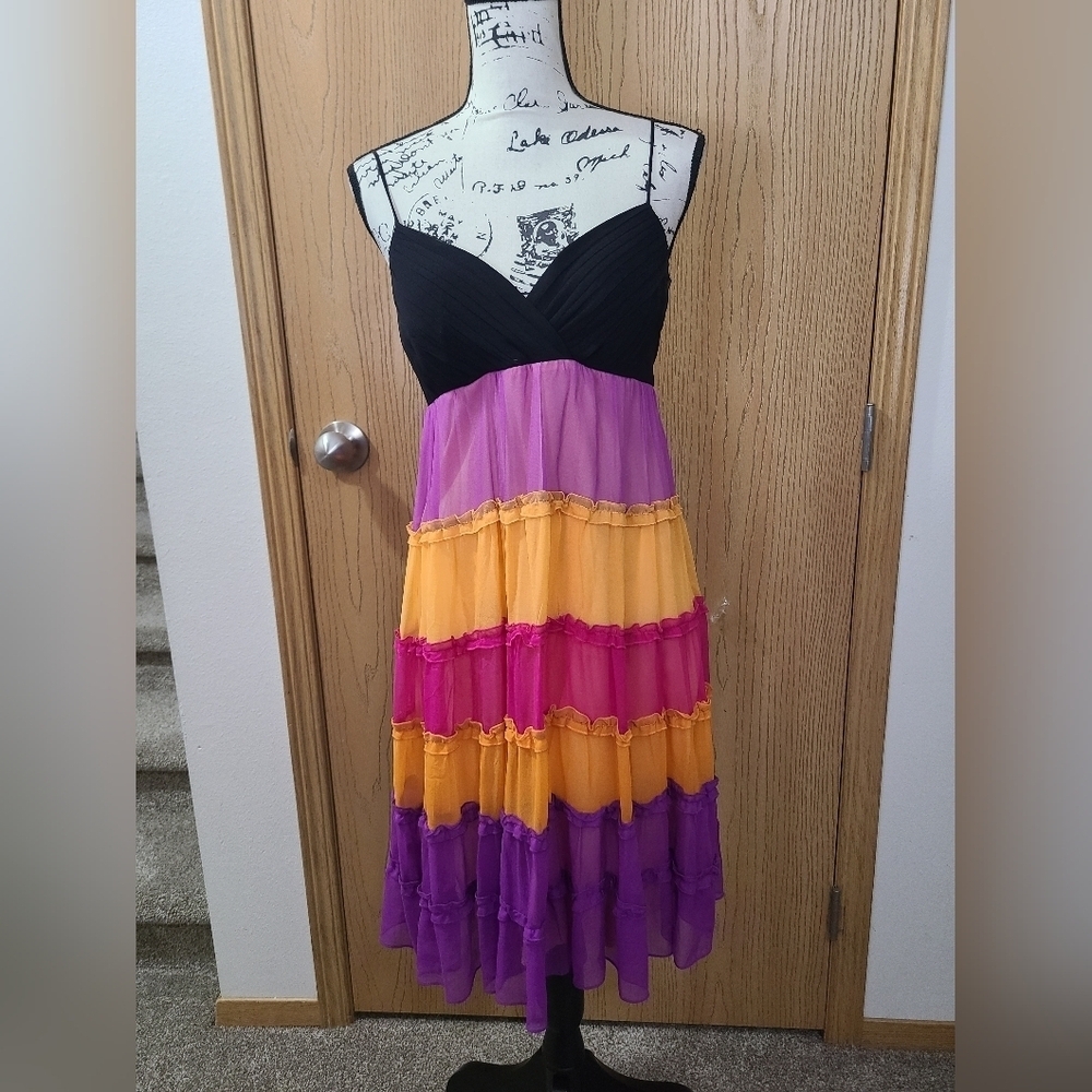 Sangria Fairycore Y2k Silk Tiered Ruffle Spaghetti Strap Colorblock Sundress